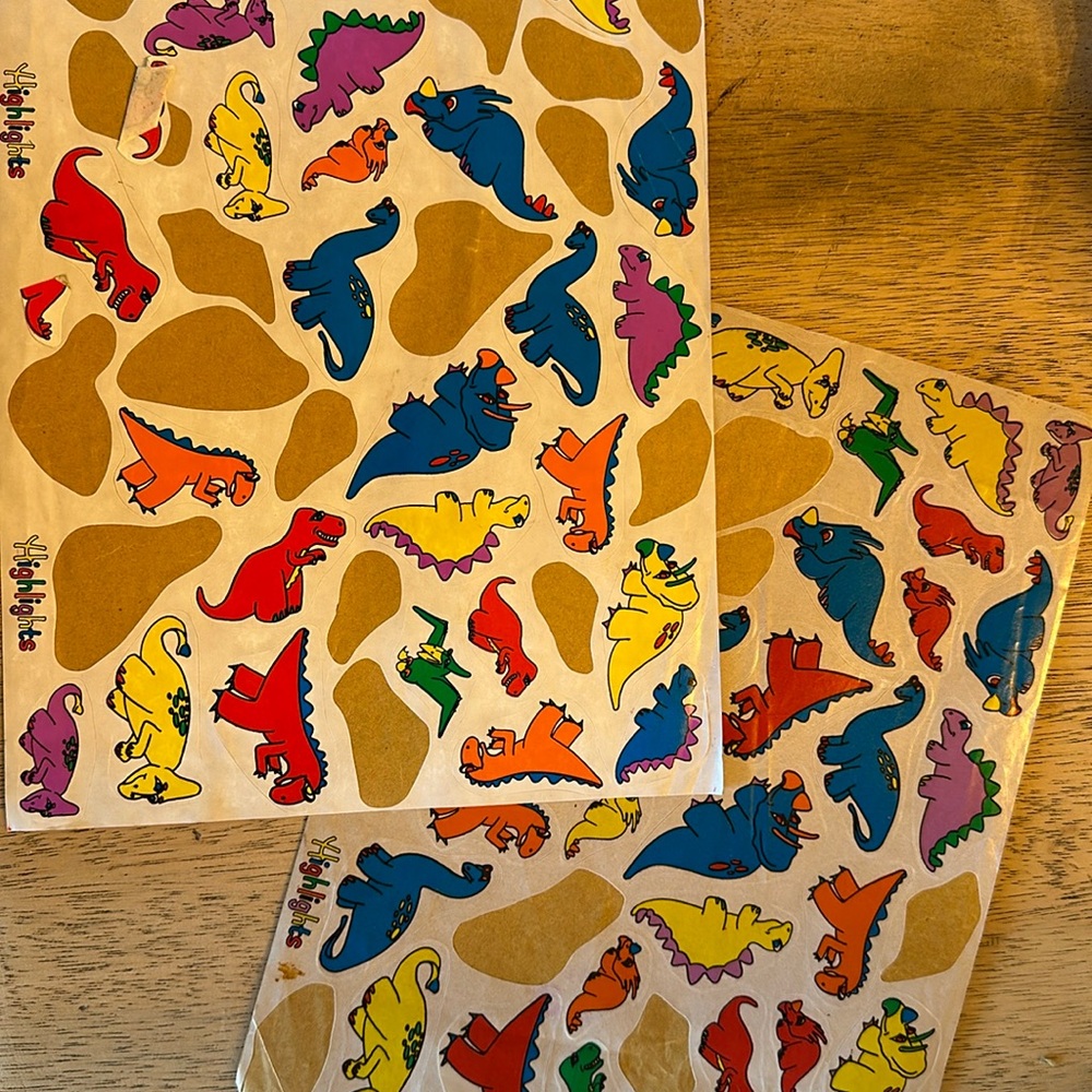 Vintage highlights for children, colorful dinosaur stickers, collectors item